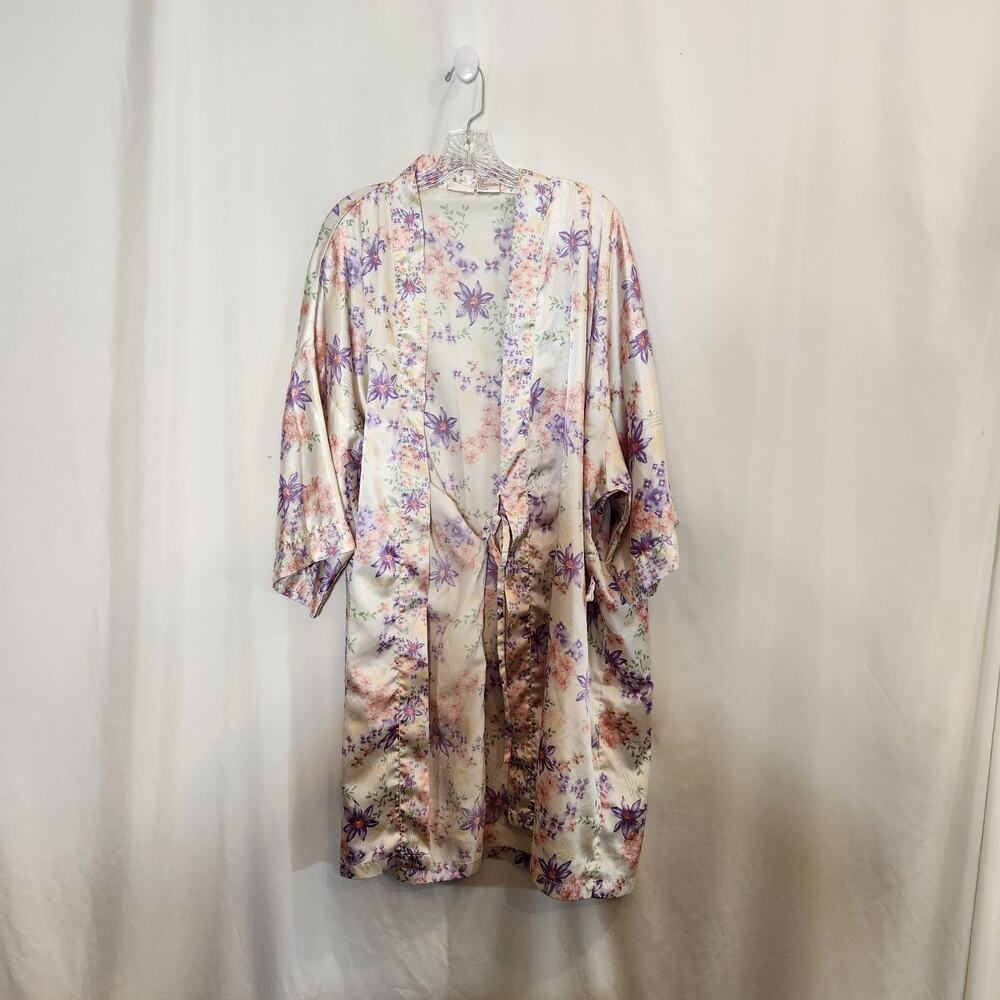SECRET TREASURES White Purple Satiny Floral SS Knee Length Bathrobe Womens 3XL